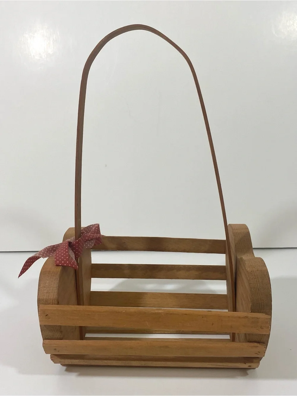 Vintage Brown Wood Handled Decorative Basket with Painted Floral Motif